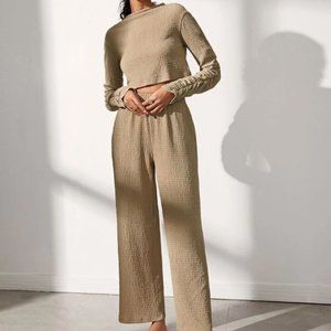 Ruched Sleeve Top & Wide Leg Pants Set